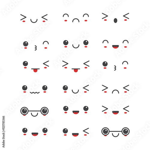 Set of Cute Kawaii Expressions Featuring Adorable Cartoon Faces