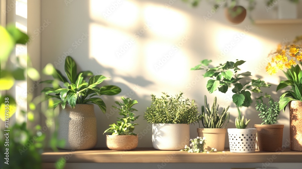 Scandinavian home interior with indoor plants in stylish pots on a wooden shelf brightening a modern and natural living space Scandinavian home interior with indoor plants in stylish pots on a wooden shelf brightening a modern and natural living space