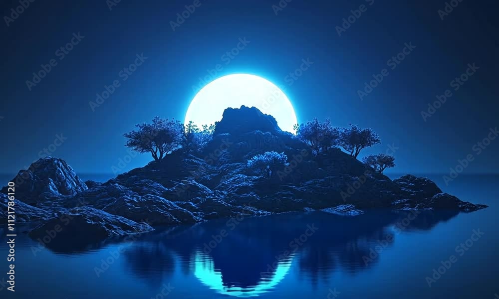 A serene island silhouette against a glowing blue moon in a tranquil water setting.