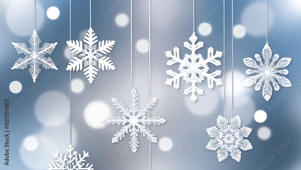 Close-up of floating white snowflakes with intricate designs, suspended on strings against a blurred blue bokeh background, evoking a serene winter atmosphere. Close-up of floating white snowflakes with intricate designs, suspended on strings against a blurred blue bokeh background, evoking a serene winter atmosphere.