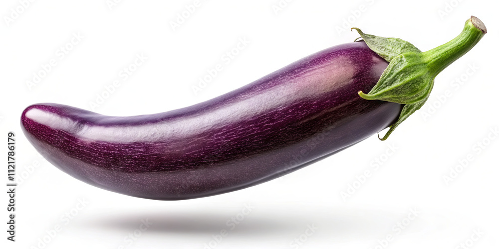 A purple eggplant appears to float against a plain background, showcasing its glossy texture and elongated form. This vegetable is often used in various culinary dishes A purple eggplant appears to float against a plain background, showcasing its glossy texture and elongated form. This vegetable is often used in various culinary dishes
