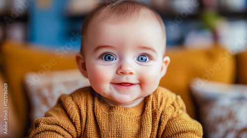 Close-up portrait smiling baby with bright blue eyes, dressed in a warm sweater, set against a cozy home interior featuring a mustard-yellow couch and soft cushions themes of family love and joy photo