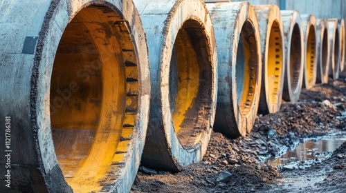 Concrete tunnel segments lined up at a construction site for subway metro system with tunnel boring machine in the background under bright light.