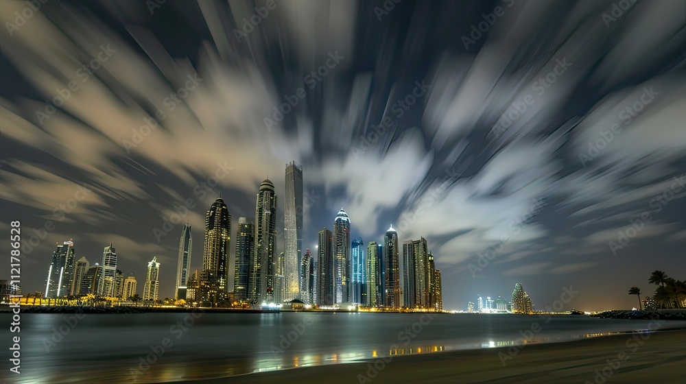 Obraz premium Time-lapse style shot of clouds moving rapidly around a cluster of skyscrapers.