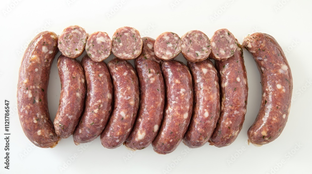 Sausages arranged neatly in a row on a clean white background showcasing fresh meat products for culinary use Sausages arranged neatly in a row on a clean white background showcasing fresh meat products for culinary use