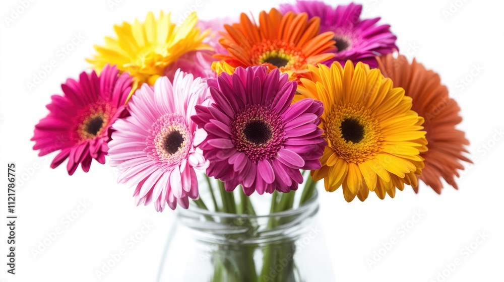 Colorful bouquet of gerbera daisies in a clear vase on a simple white background showcasing vibrant floral beauty and freshness. Colorful bouquet of gerbera daisies in a clear vase on a simple white background showcasing vibrant floral beauty and freshness.