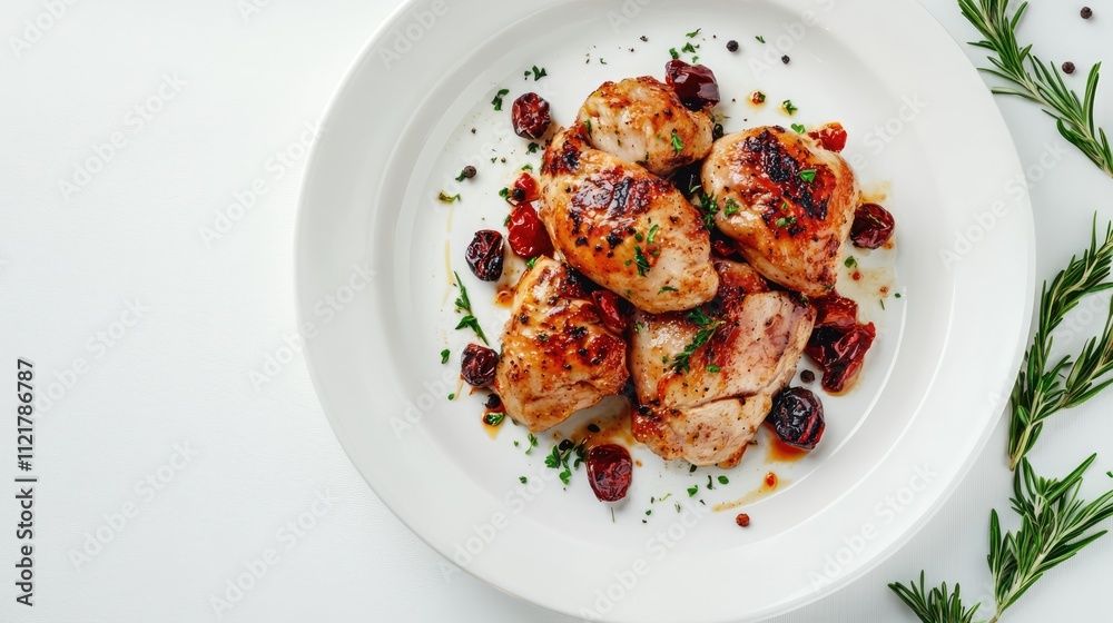 Grilled chicken pieces with herbs and sauce on a white plate garnished with berries on a white background Grilled chicken pieces with herbs and sauce on a white plate garnished with berries on a white background