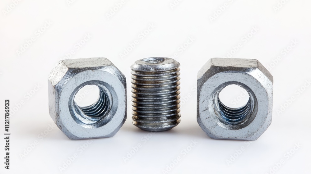 Screw bolts and nuts composition on a clean white background for hardware and mechanical applications
