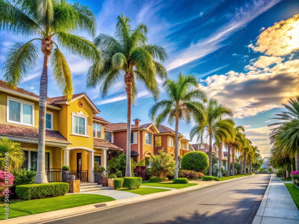 Modern homes line a sunlit suburban street, palm trees sway beneath a clear sky; high-resolution image. Modern homes line a sunlit suburban street, palm trees sway beneath a clear sky; high-resolution image.