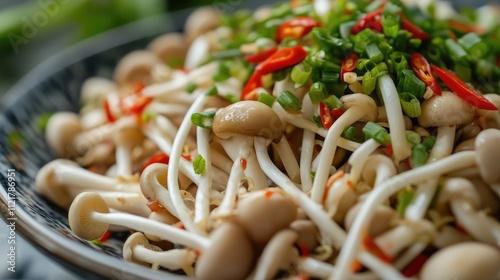 Oseng Oseng Pedas Indonesian dish featuring sprouts and mushrooms garnished with fresh red chili and green onions close up food shot photo