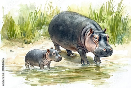 Baby pygmy hippo following mother, stepping through shallow water, vibrant greens, Watercolor style