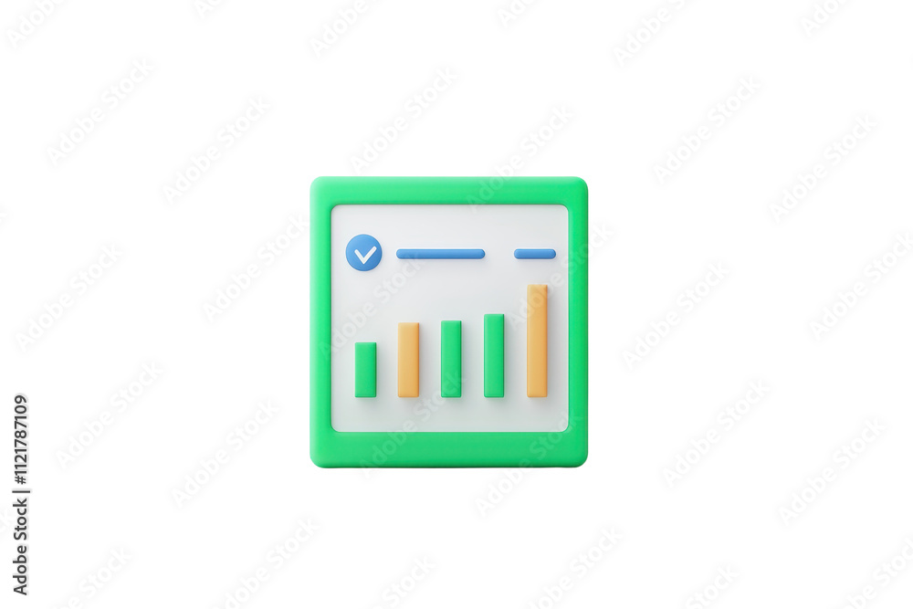 A green square icon featuring a graph with bar charts in varying heights and a checkmark symbol, representing data analysis and progress tracking.
