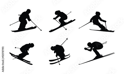 Silhouette Illustrations of Skiers Performing Various Dynamic Winter Sports Poses