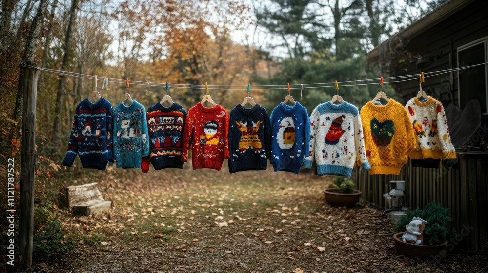 Fototapeta premium Colorful Ugly Sweaters Hanging on Clothesline