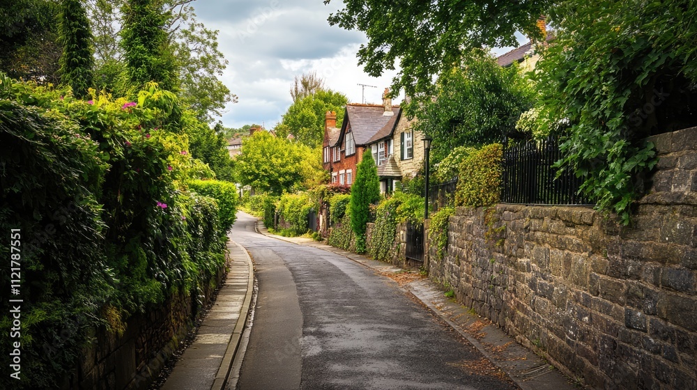 Quaint rural street lined with lush greenery and charming houses in a serene picturesque neighborhood Quaint rural street lined with lush greenery and charming houses in a serene picturesque neighborhood