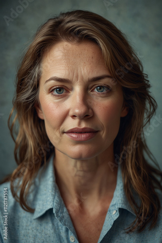 Close-up portrait of a mature woman with a serene expression. Natural beauty and aging gracefully.