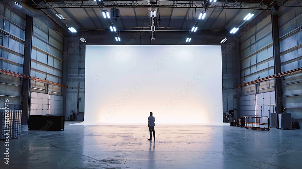 Man Facing Gigantic Blank Screen in Industrial Warehouse with Sunlight Glow Man Facing Gigantic Blank Screen in Industrial Warehouse with Sunlight Glow