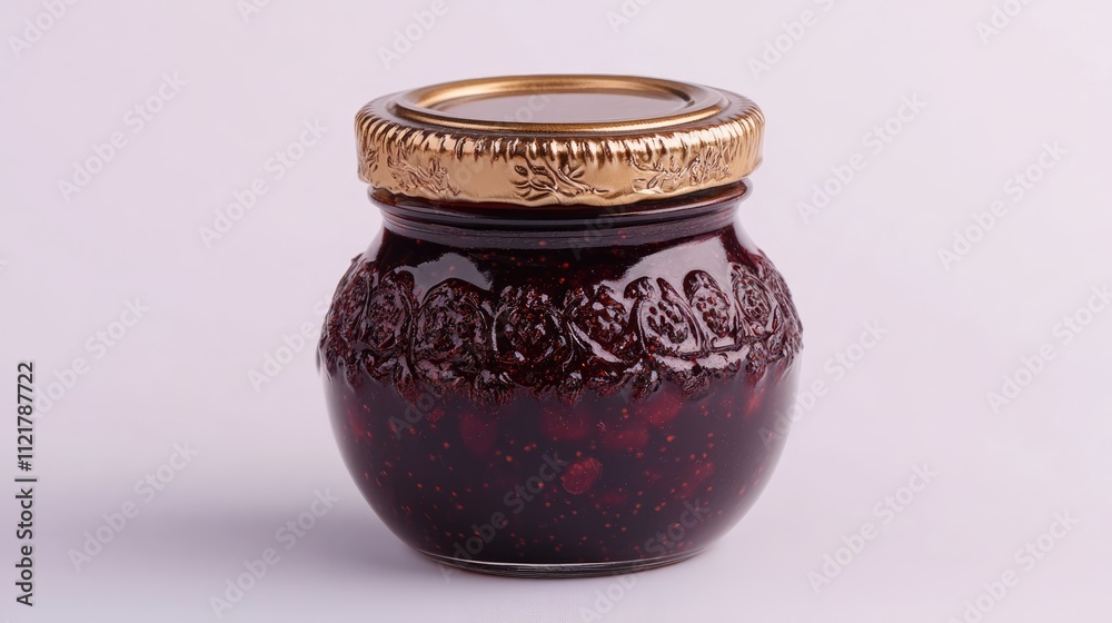 Decorative glass jar with a golden lid filled with berry jam on a white background showcasing food preservation and artisanal products. Decorative glass jar with a golden lid filled with berry jam on a white background showcasing food preservation and artisanal products.