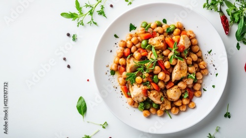 Chickpeas stew with chicken and vegetables garnished with herbs on a white plate minimalistic background with ample copy space