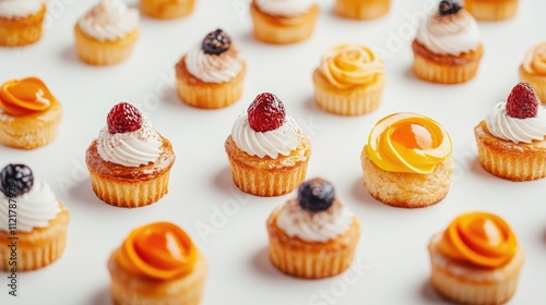 Assorted sweet pastries and colorful cupcakes elegantly arranged on a white background for a delightful dessert display. photo