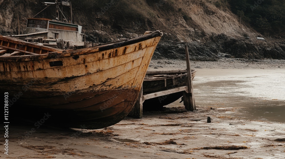 Derelict fishing boats resting at low tide by a weathered pier in a tranquil harbor setting with scenic coastal views. Derelict fishing boats resting at low tide by a weathered pier in a tranquil harbor setting with scenic coastal views.