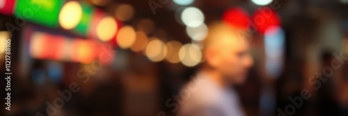 Evening atmosphere of a bustling market with vibrant lights and blurred figures enjoying the lively environment