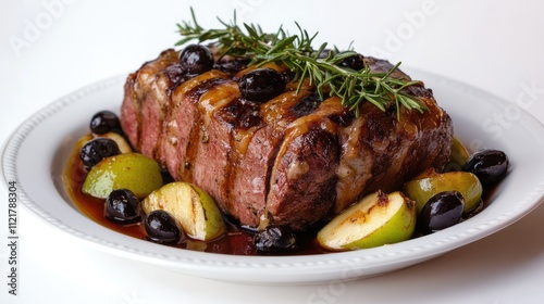 Savory roast beef garnished with baked apples and olives elegantly presented on a white plate against a clean background.