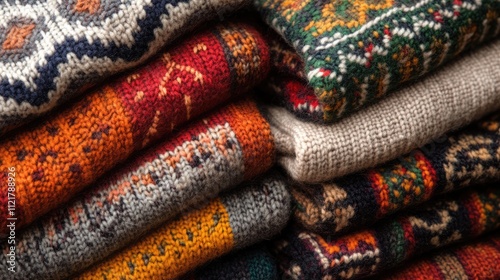 Colorful knitted sweaters stacked showcasing intricate jacquard patterns in autumn-inspired hues and textures for cozy fashion styling. photo