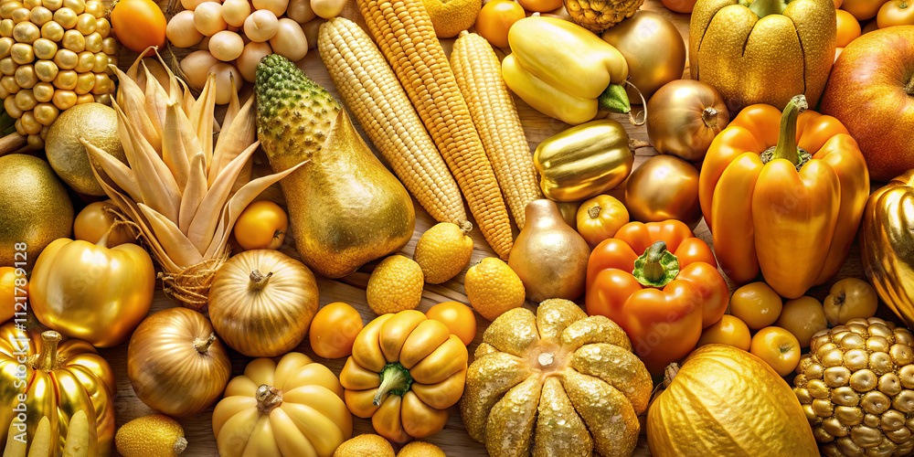 A vivid collection of yellow and orange fruits and vegetables showcases vibrant hues. The arrangement includes pumpkins, corn, peppers, and tropical fruits A vivid collection of yellow and orange fruits and vegetables showcases vibrant hues. The arrangement includes pumpkins, corn, peppers, and tropical fruits