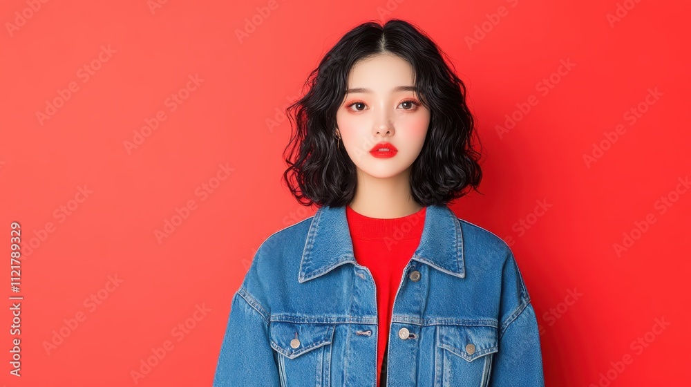 A young woman with curly hair stands against a vibrant red background, wearing a denim jacket over a red top, showcasing a bold and stylish look. A young woman with curly hair stands against a vibrant red background, wearing a denim jacket over a red top, showcasing a bold and stylish look.