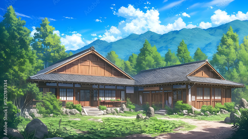 Tranquil Japanese-style houses nestled in a lush mountain valley under a sunny sky. Tranquil Japanese-style houses nestled in a lush mountain valley under a sunny sky.