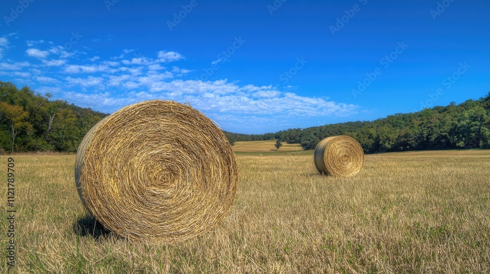 Rural landscape featuring round straw bales on farmland under a vibrant blue sky and lush greenery in the background Rural landscape featuring round straw bales on farmland under a vibrant blue sky and lush greenery in the background