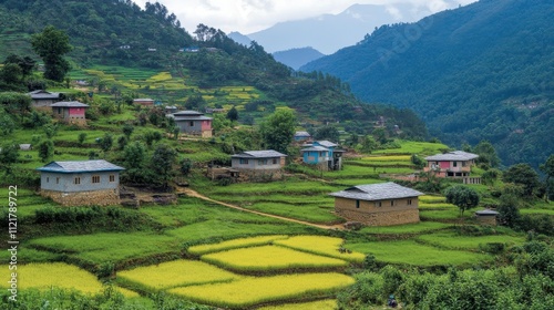 Picturesque Mountain Village with Vibrant Terraced Rice Fields