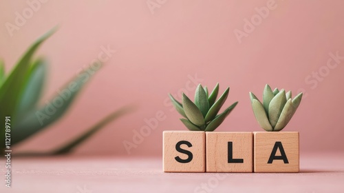 SLA Service Level Agreement Concept with Wooden Cubes and Succulent Plants on Soft Pink Background Business and Professional Services Theme photo