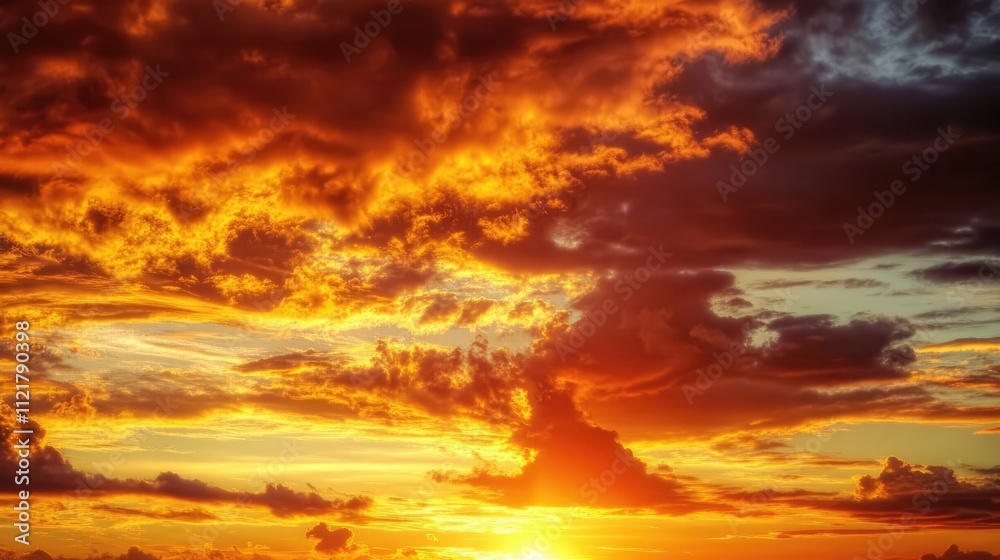 Vibrant Sunset Sky with Dramatic Clouds and Golden Hour Light Over Horizon Creating a Serene Nature Background in Summer