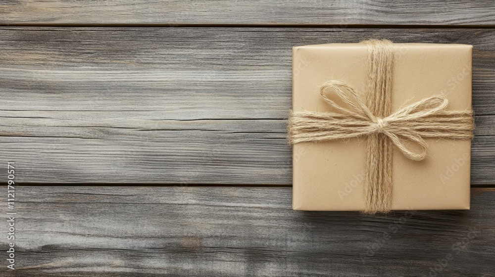 Gift Wrapped Package with Natural Twine on Rustic Wooden Surface for Celebrations or Special Occasions Gift Wrapped Package with Natural Twine on Rustic Wooden Surface for Celebrations or Special Occasions