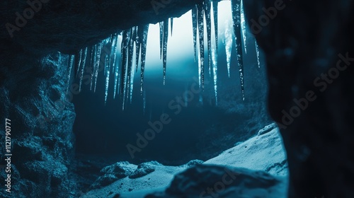 Stalactites hanging in a dimly lit cave showcasing prehistoric formations and natural speleological wonders with selective focus effects photo