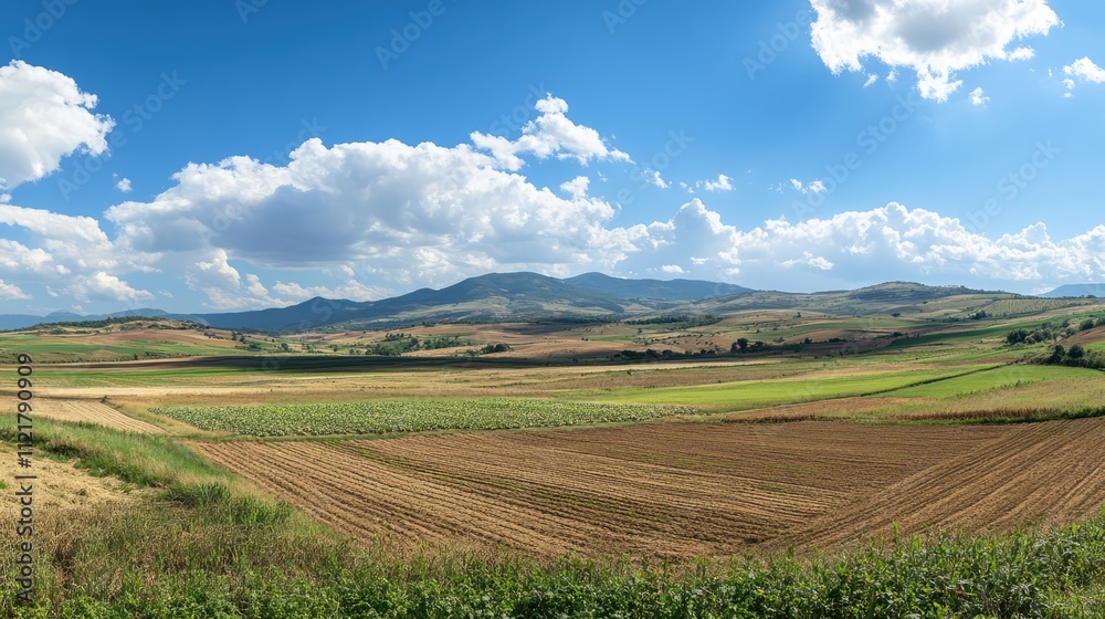 Summer panoramic view of agricultural fields under a blue sky with clouds in a historical southwestern rural landscape Summer panoramic view of agricultural fields under a blue sky with clouds in a historical southwestern rural landscape