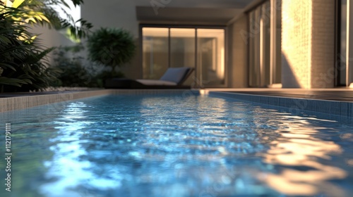 Modern swimming pool with serene water reflections beside a contemporary house surrounded by lush greenery and natural light.