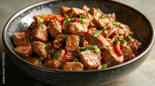 Stir fried pork with kimchi garnished with sesame and green onions in a stylish bowl. Delicious Asian cuisine presentation for food lovers.