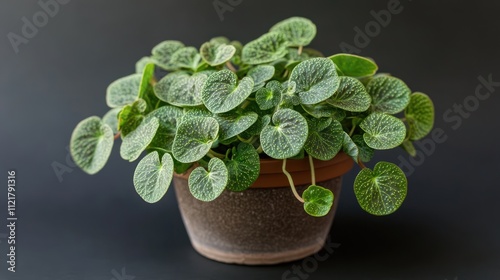 Pilea microphylla ornamental plant featuring dense foliage and unique leaf structure in a terracotta pot against a dark background photo