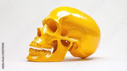 Glossy yellow model of Australopithecus africanus skull isolated on a white background illustrating paleontology and fossil anatomy concepts photo