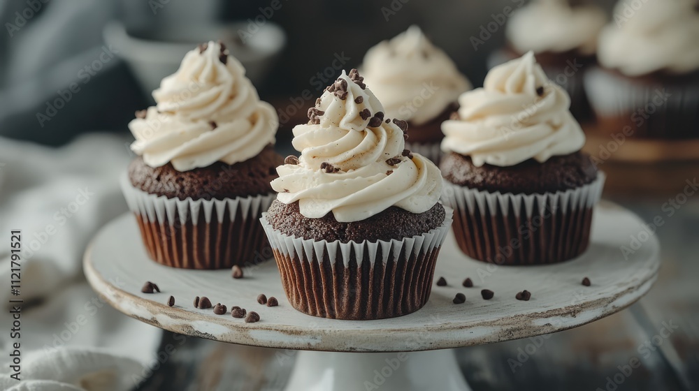 Delicious chocolate cupcakes topped with creamy frosting and chocolate chips on a rustic cake stand.