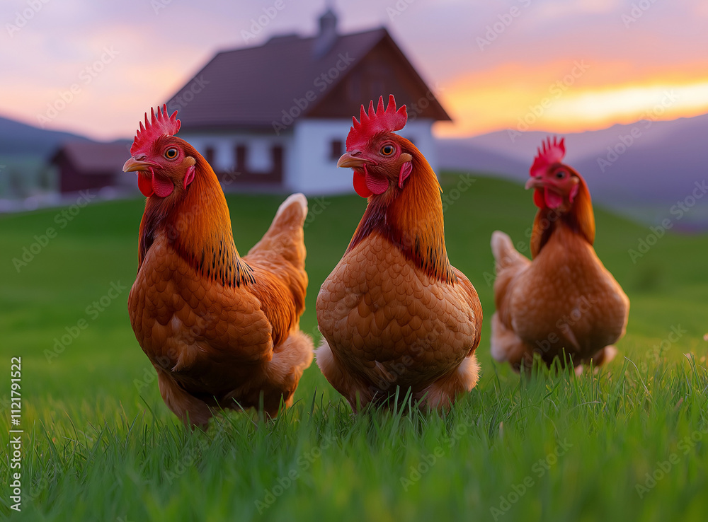 Fototapeta premium A group of chickens in an open field. blurred background is a farmhouse