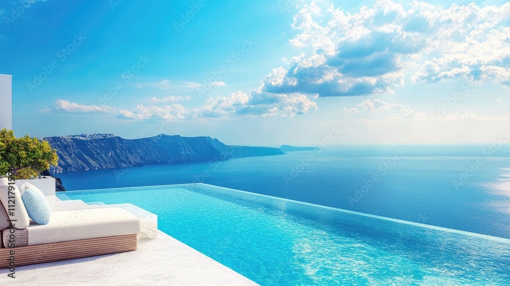 Fototapeta premium Luxury infinity pool with ocean view at a holiday bungalow in Greece under a bright summer sky