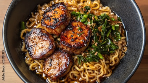 Tonkotsu ramen noodles topped with grilled chaashu pork and fresh greens in a flavorful broth served in a dark bowl photo