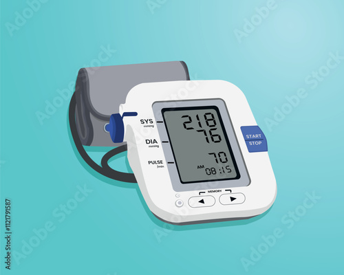 isolated medical objects, vector illustration of stethoscope, health bag, blood pressure monitor, oximeter, thermometer and medicine pills