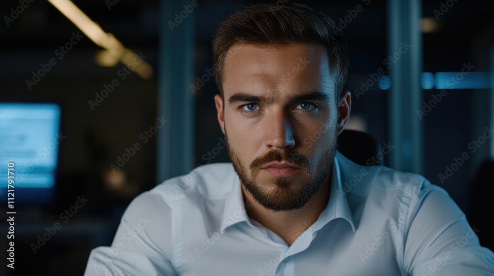 Obraz premium Young entrepreneur analyzing future business trends on a virtual screen in a modern office environment with focus and determination.