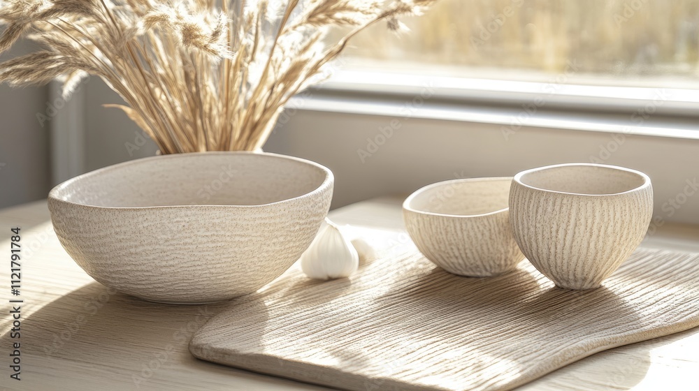 Ceramic tableware set with elegant design and beige tones on minimalistic table for dining and decor inspiration Ceramic tableware set with elegant design and beige tones on minimalistic table for dining and decor inspiration