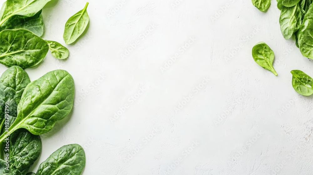 Obraz premium Fresh spinach leaves arranged aesthetically on a light background showcasing their vibrant color and texture for culinary or health themes.